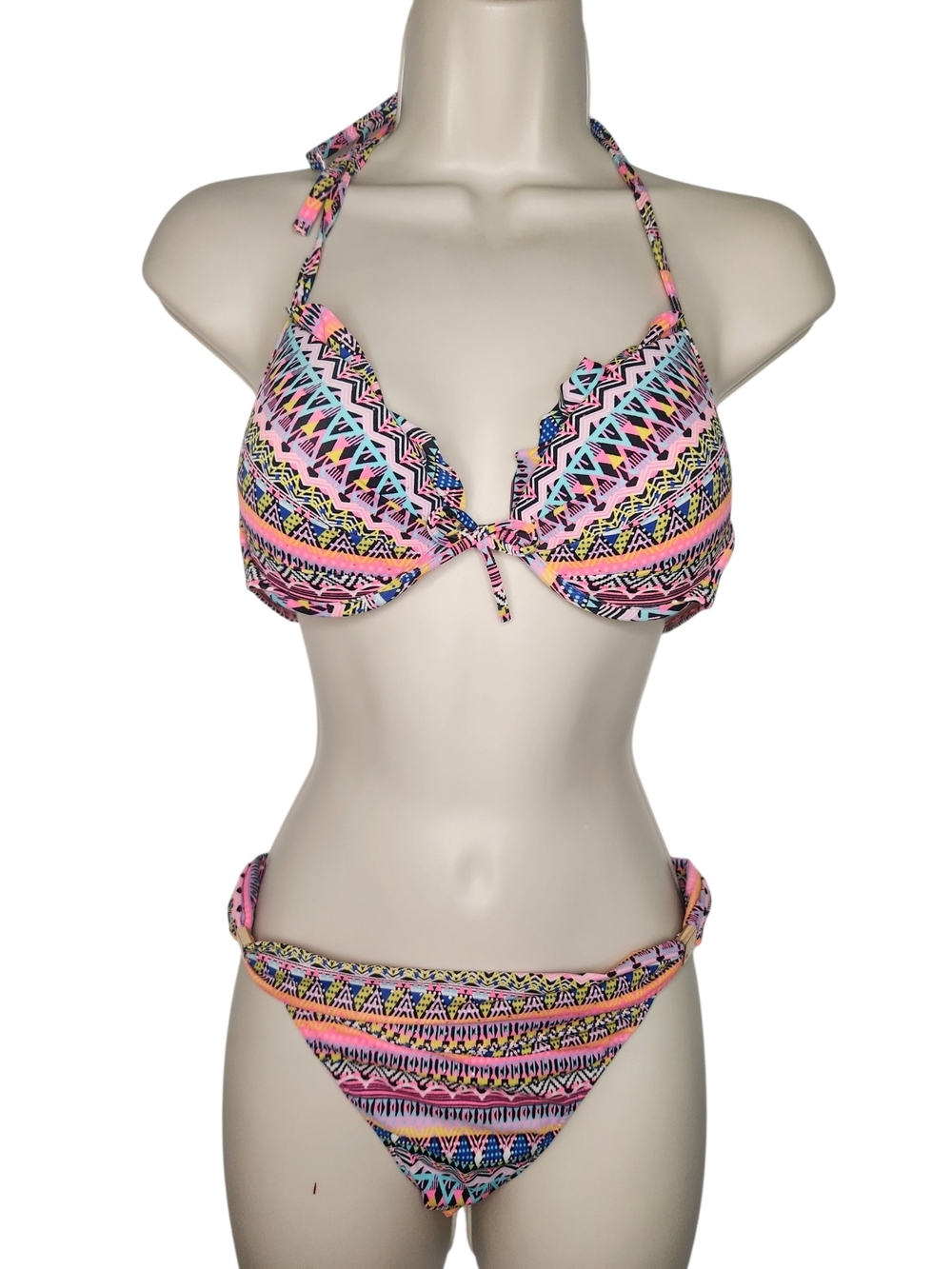 Victoria's Secret Neon Tribal Print Bikini Set 34B Top & Large Bottoms